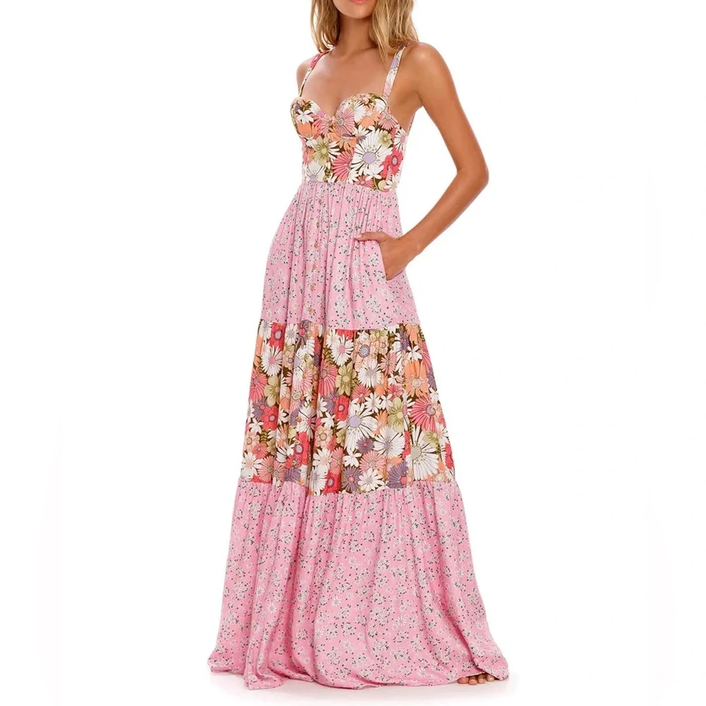 Agua Bendita Alani Java Maxi Dress Pink Bloom Large Underwire NWT - Picture 3 of 16